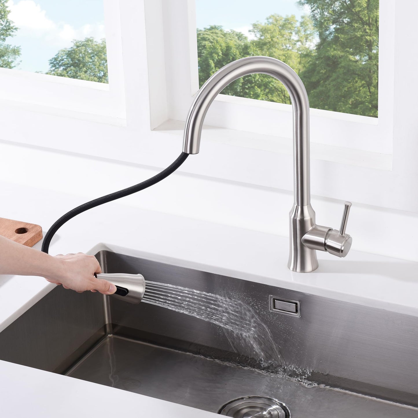 SUMERAIN Kitchen Faucet with Pull Down Sprayer Brushed Nickel, Dual Function Lead-Free Stainless Steel Sink Faucet