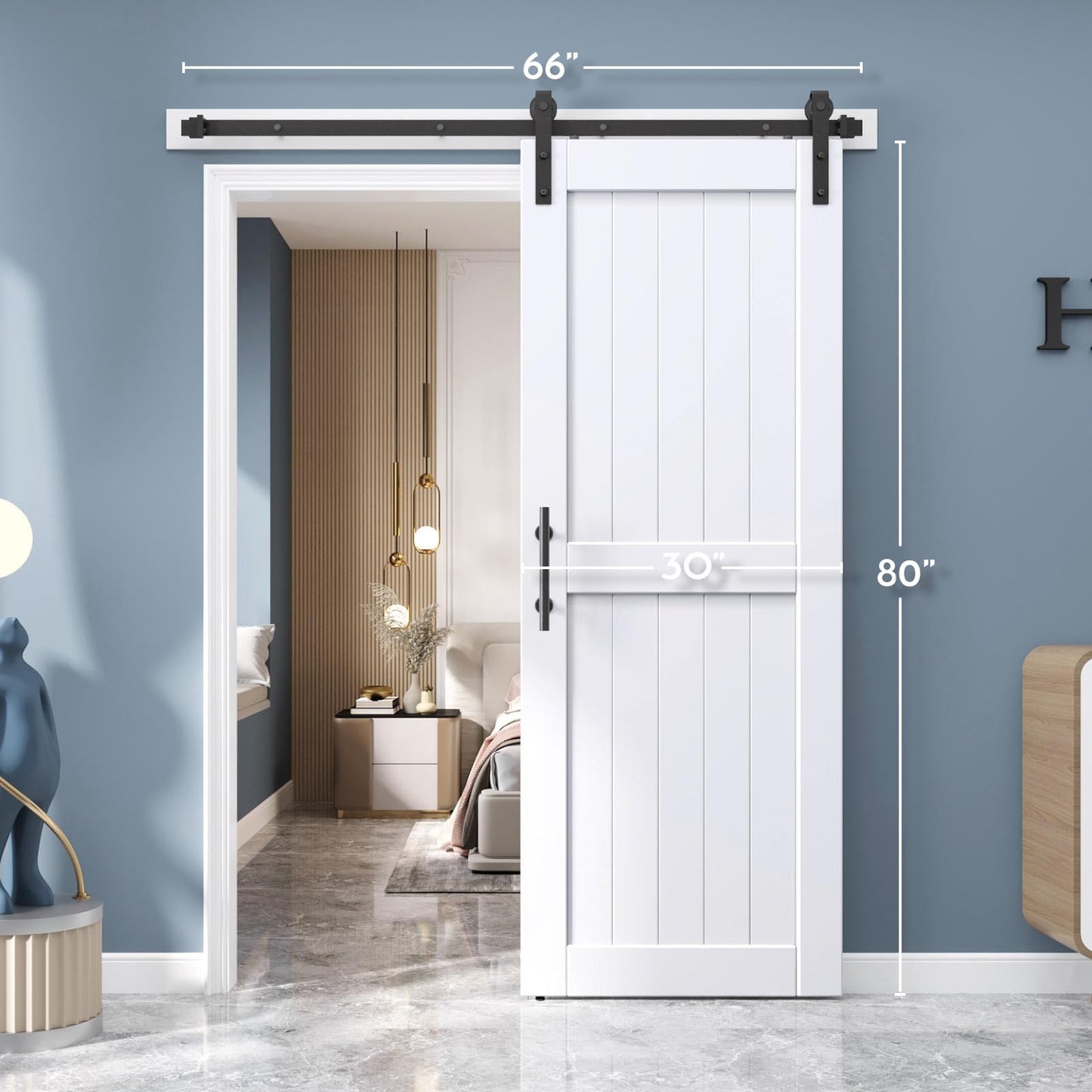 EaseLife 30 x 80 inch White Barn Door with 5.5FT Sliding Door Hardware Kit Included & Handle,Solid Wood Covered with Waterproof PVC Surface,DIY Assemblely,Easy Install,H-Frame,Fit 26-28in Wide Opening