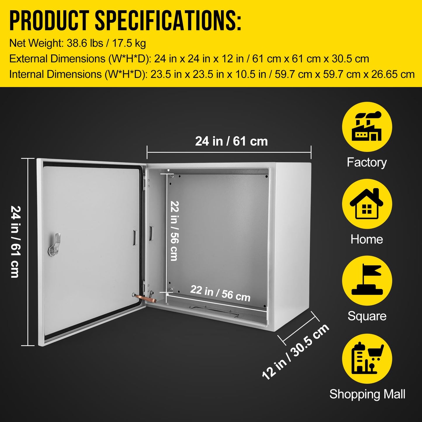 Garvee Outdoor Electrical Box, 24x24x12 Steel Junction Box, NEMA 4X Electrical Enclosure Box IP66 Waterproof & Dustproof, Universal Electrical Project Box with Lock & Mounting Plate
