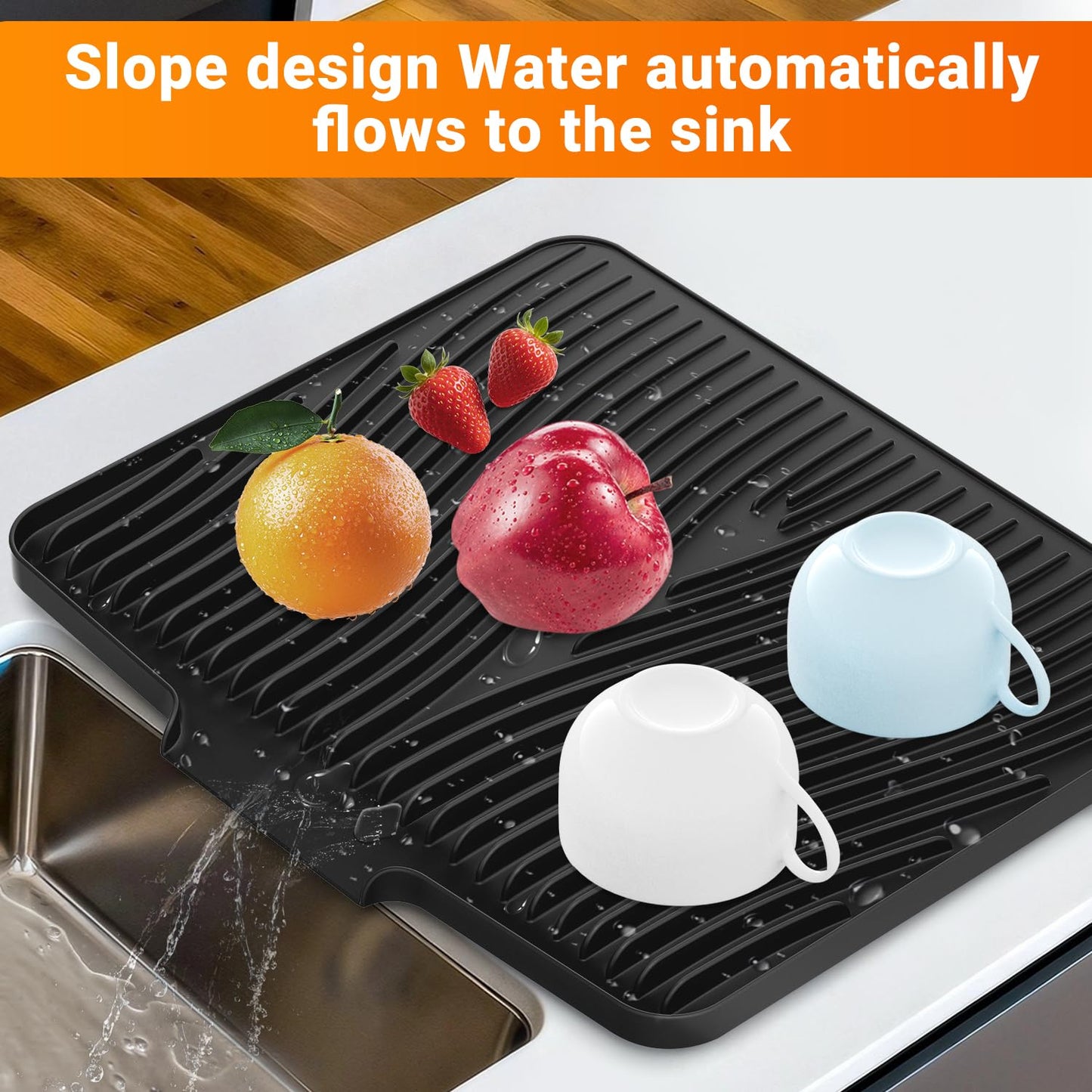Silicone Dish Drying Mat for Kitchen Counter,Dish Drying Pad,Non-Slip Drain Pad with Built-in Drain,Heat Resistant Stone Drying Mat,15.8"x 13",Black