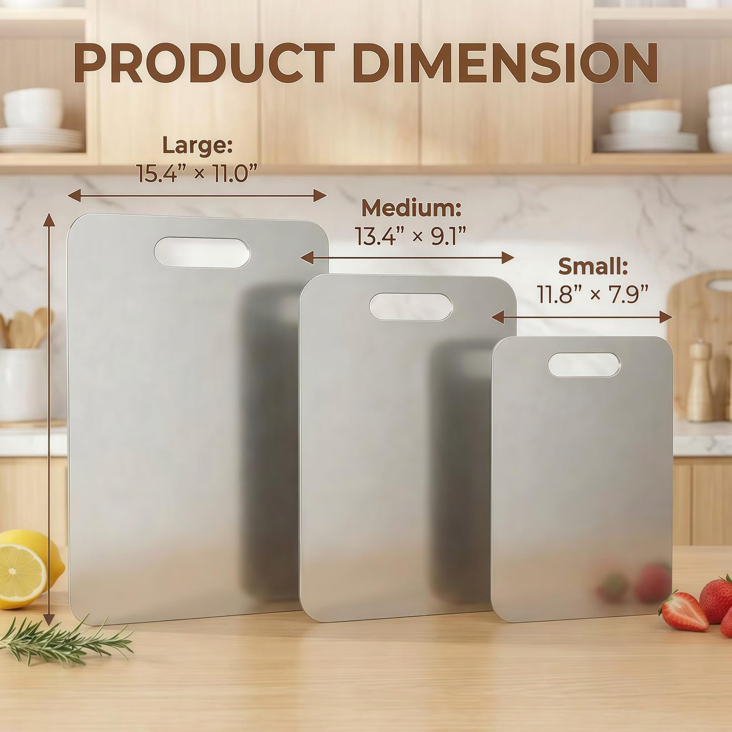 Stainless Steel Cutting Boards for Kitchen, 3 PCS Non Toxic Metal Chopping Board Set, Dishwasher Safe & Warp Proof (15.3"x11", 13.4"x9", 11.8"x7.9" Inch)