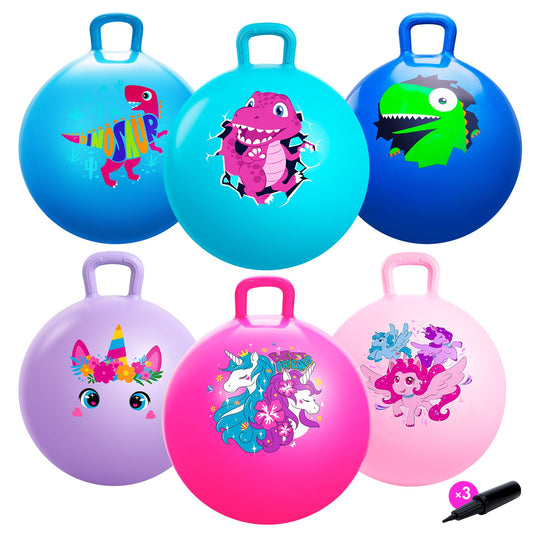 ZOOJOY 6pcs Hopper Balls for Kids 3-8, 18In Dinosaur & Unicorn Bouncy Ball with Handle, Sit on Hopping Toys for Sport/School/Team Active Play, Hippity Hop Ball for Indoor Outdoor Games with Pump