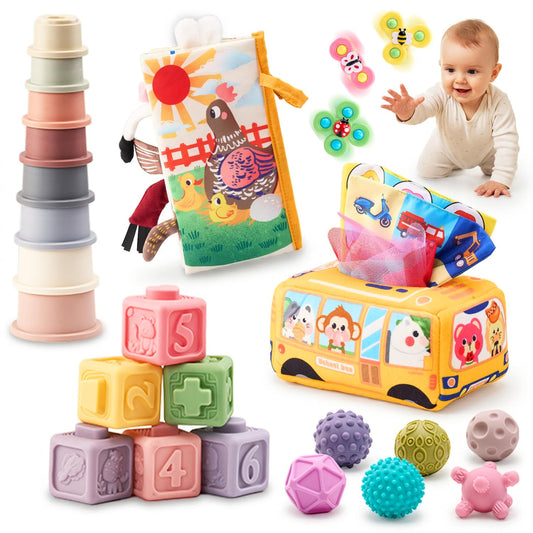 JoyCat Baby Toys 6-12 Months, Montessori Sensory Baby Toy Set with Stacking Cups, Soft Blocks, Tissue Box Toy, Spinner Toys, Sensory Balls, Cloth Book, Infant Learning Toys, Baby Gift for Boys & Girls