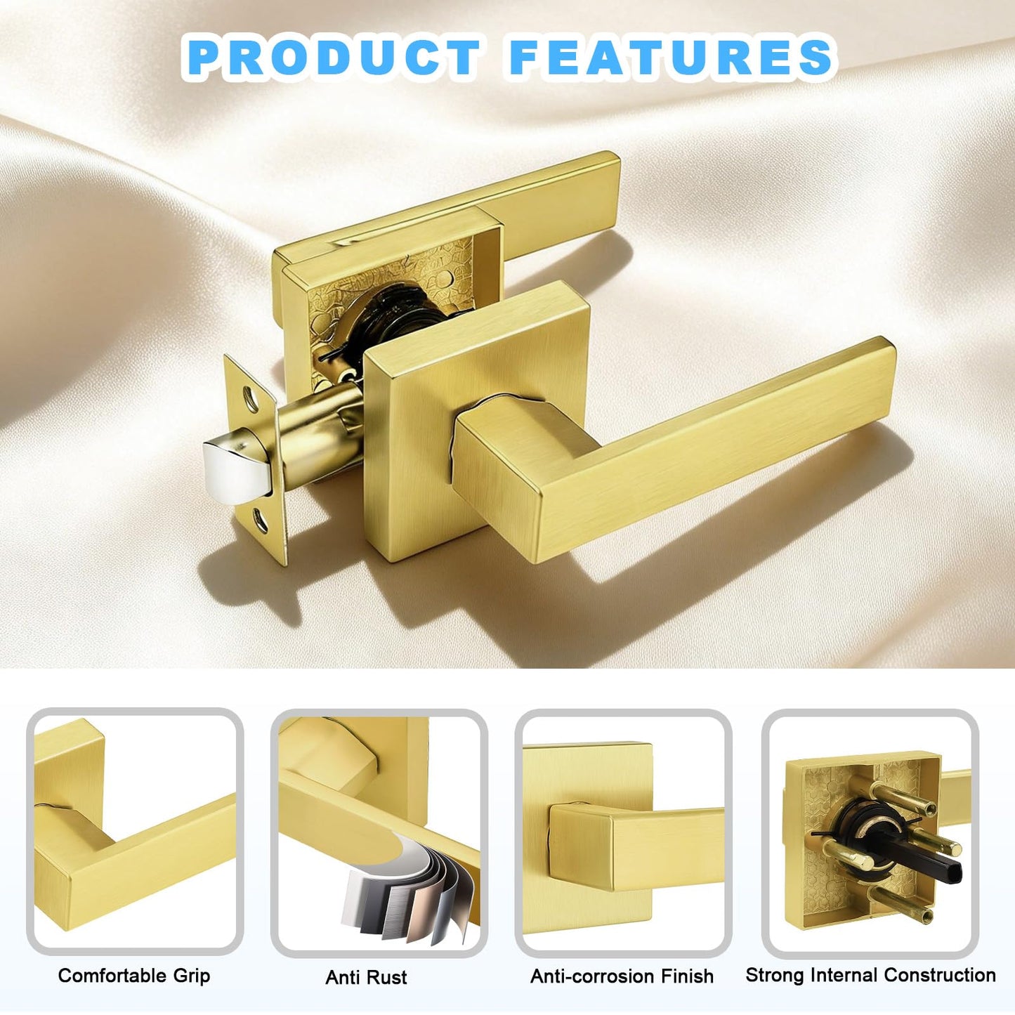 Brotima 5 Pack Gold Passage Door Handles for Hallways & Closets, Non-Locking Brushed Gold Closet Door Handles, Heavy Duty Passage Door Hardware, Gold Keyless Square Levers Handles, Satin Brass