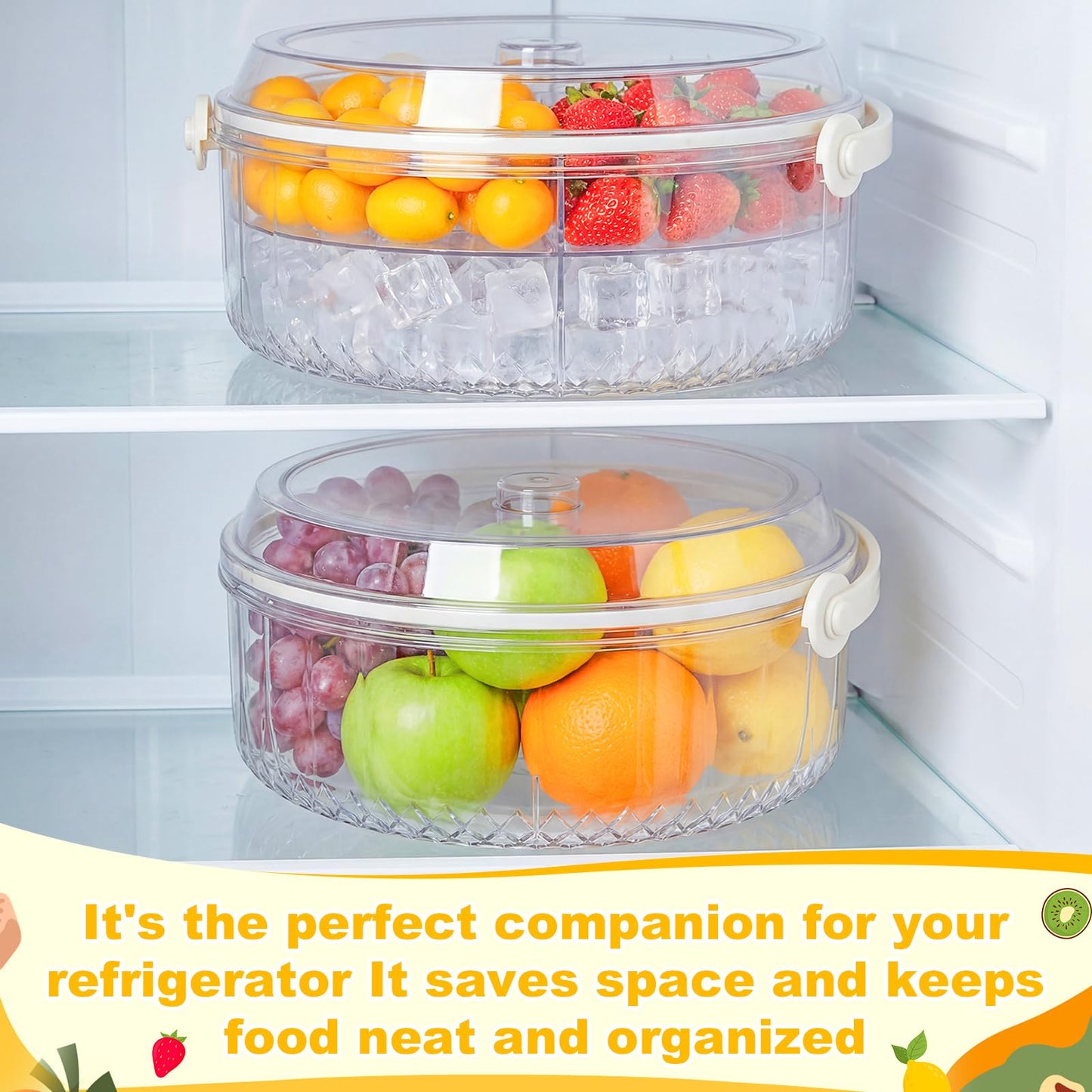 Tiangrid 2 Pack Chilled Serving Tray with Lid Handle, 11" Veggie Fruit Ice Serving Platter with 5 Compartments, Portable Clear Party Tray for Shrimp Cocktail, Outdoor BBQ, Picnic