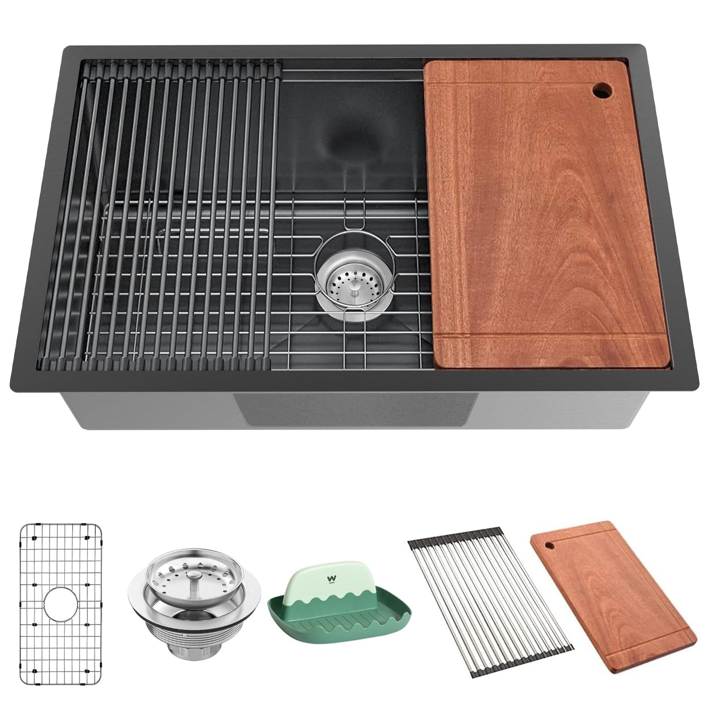 KOARDINK 30x19 In Black Kitchen Sink Workstation - Undermount Stainless Steel Single Bowl Drop In Modern Workstation Sink Come With SS Grid,Drying Rack,Cutting Board,Utensil Rest And Drain Assembly