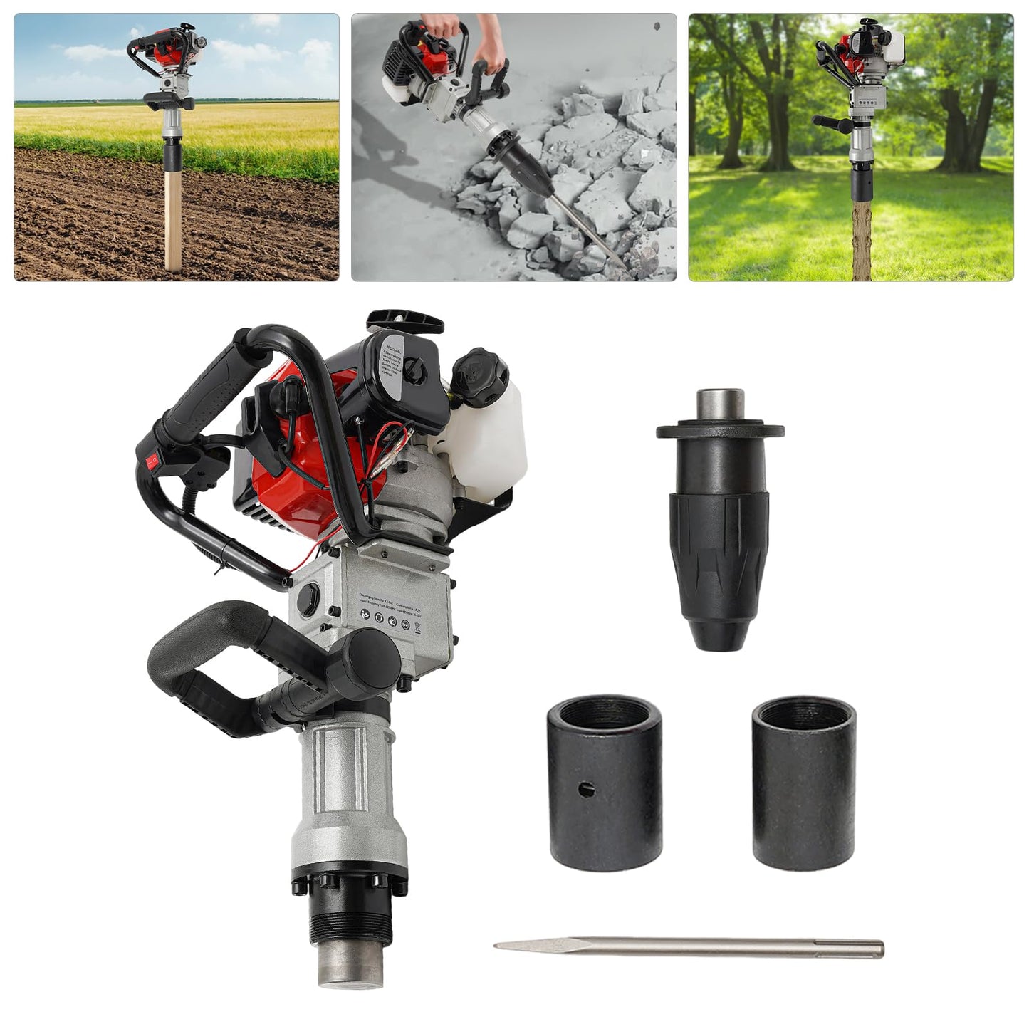 32.7CC 2-Stroke Gas-Powered Post Driver 1000W/7000RPM Gasoline T Post Driver Pile Fence Digger with 2 Piling Sleeves Single Cylinder Air Cooling Hand Pull Start for Gardening Agricultural Piling