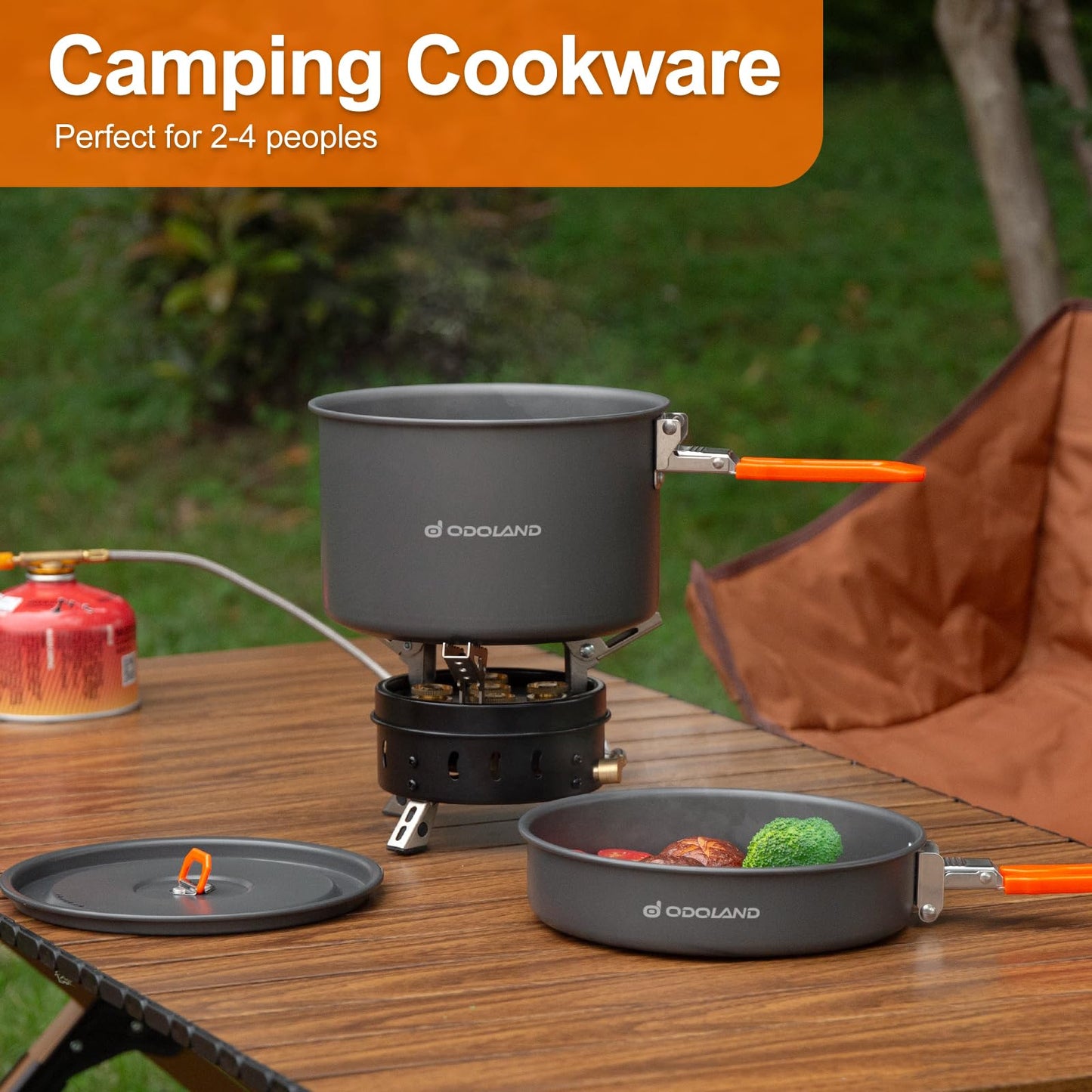 Odoland Camping Cookware Mess Kit, Non-Stick Lightweight Camping Pot and Fry Pan Set with Mesh Bag for Backpacking, Outdoor Cooking and Picnic, for 1-2 People