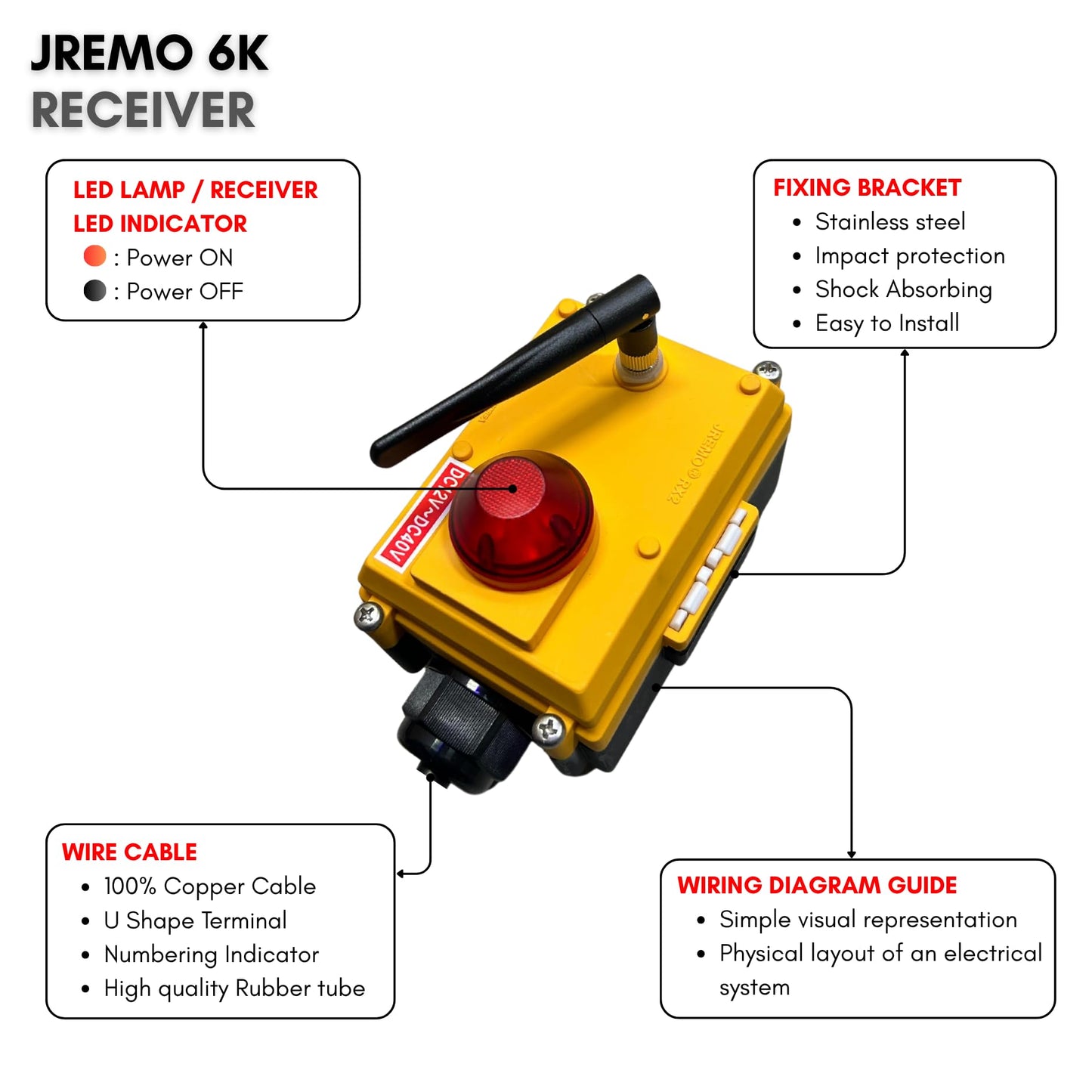JEICO Crane Hoist Industrial Wireless Remote 6 Buttons Controller JREMO 6K (1 Transmitter + 1 Receiver) Yellow, Made in Korea