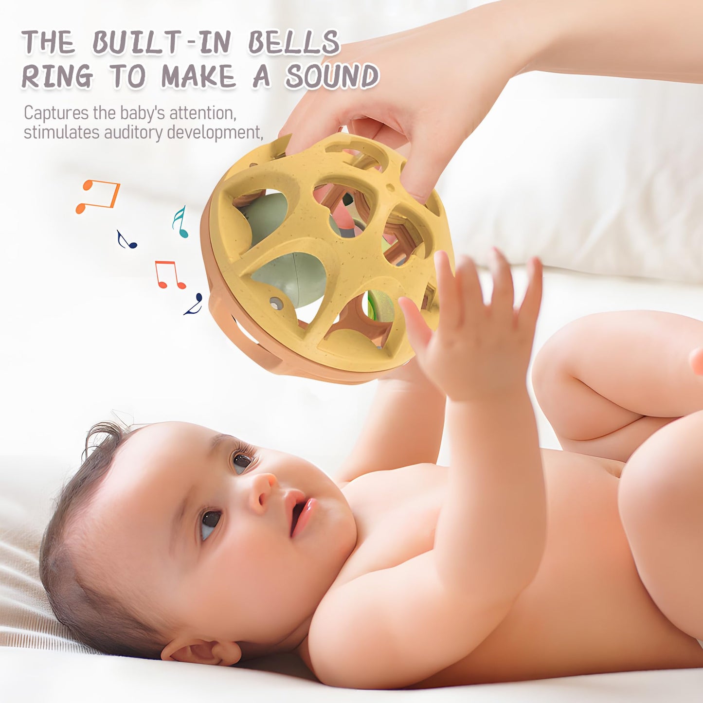 ROHSCE Baby Rattle Ball, Baby Teething Sensory Montessori Toys Soft Chew Toy with Rattles for Babies, Safe Wheat Straw Travel Toys Newborn Gift for Infant Boys Girls 3 6 7 8 9 10 11 12 Months