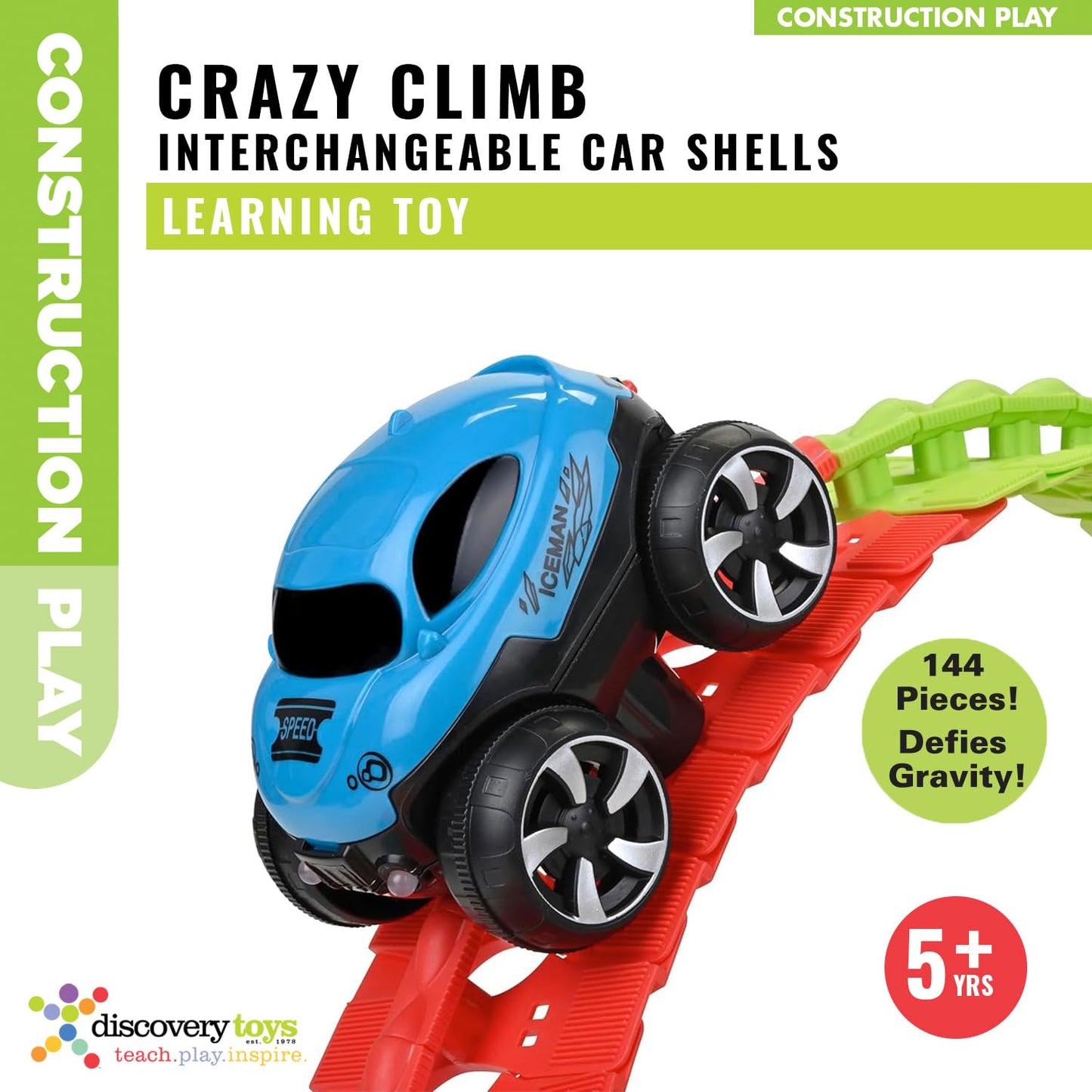 Discovery Toys – Crazy Climb Track | Car Track Set with LED Light-Up Race Car | Interchangeable Car Shells | Multicolor Flexible Changeable Track | Custom Racetrack Toy | 5+ yrs
