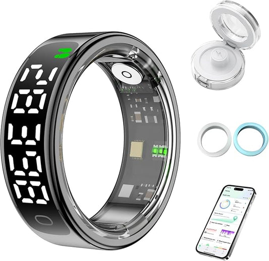 Smart Health Ring for Women Men, Smart Ring Fitness Tracker for iOS Android, Heart Rate, Blood Oxygen, Blood Pressure, Sleep Monitoring,5ATM Waterproof, No Subscription Fee (Black, 11#)