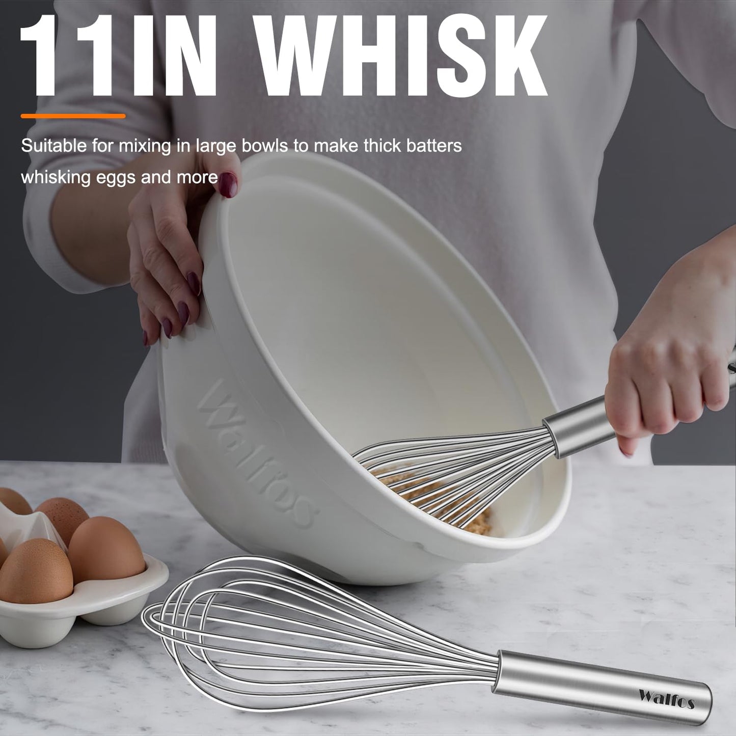 Walfos Whisk,304 Stainless Steel whisk,No-Rust 7+9+11inch Whisks for cooking Nice for Blending,Whisking,Beating.Heat resistant 600°F Dishwasher Safe. Heavy duty kitchen whisk.17.7+22.8+27.9cm -SILVER