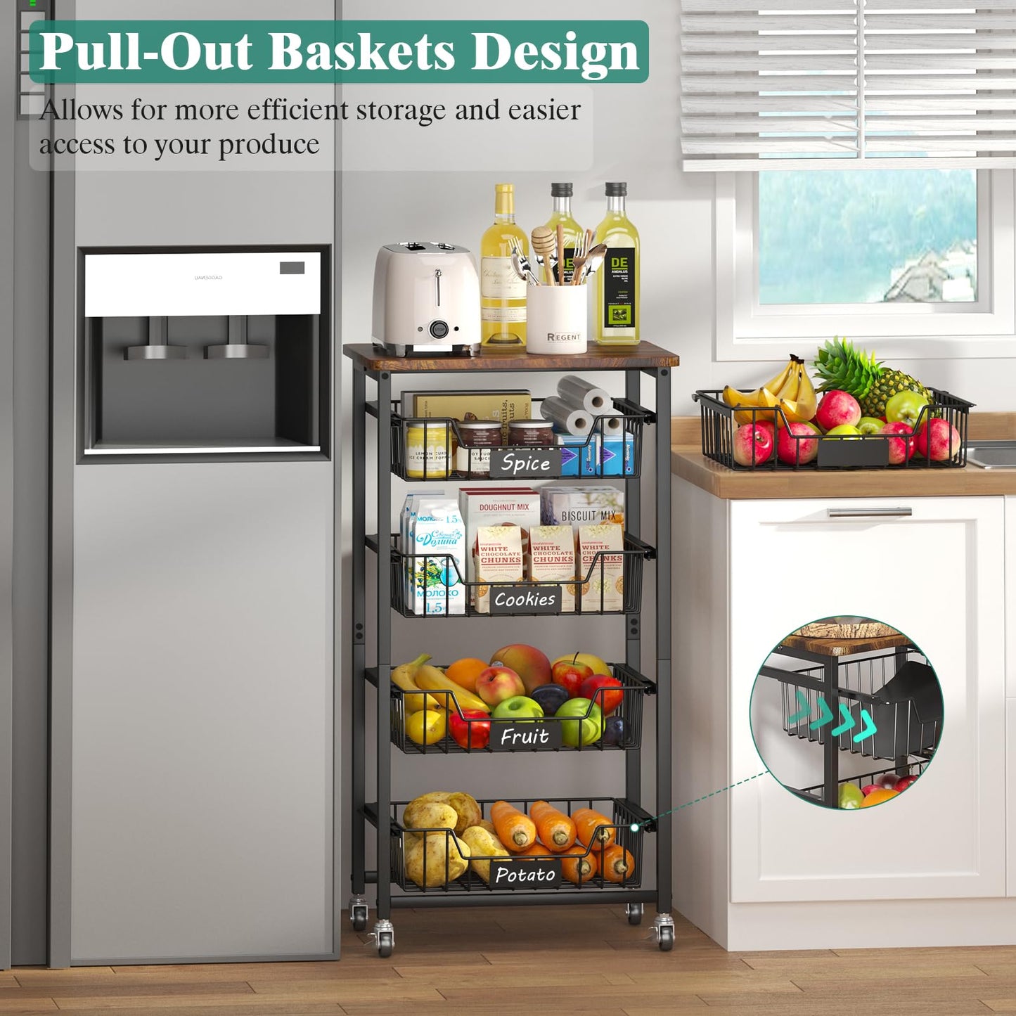 CHLORYARD 5-Tier Vegetable Fruit Basket Kitchen Storage Rolling Cart on Wheels with Pull-Out Baskets and Wood Top for Kitchen Diningroom Pantry