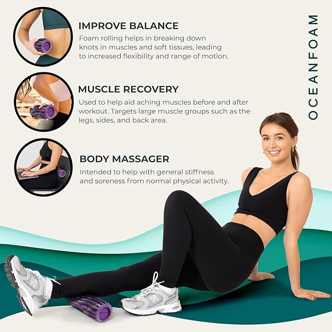 Oceanfoam Ripple Travel Foam Roller (11" x 3.35") Firm Mini Foam Roller for Physical Therapy, Deep Tissue Massage, Back Pain - High Density, Wave Textured - Yoga (Purple, Gold & Natural Marbled)