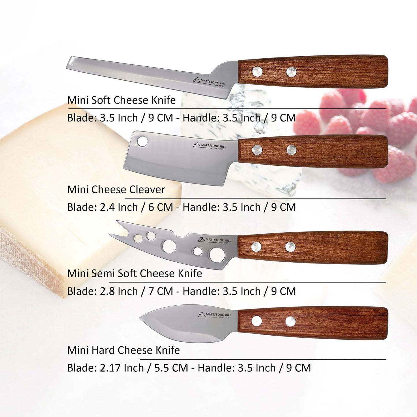 Cheese Knife, MATTSTONE HILL Cheese Knives Set - Soft & Semi Hard Cheese Knife, Soft Cheese Slicer, Cheese Cleaver, Hard Cheese Cutter, Premium Stainless Steel, Wood Handle
