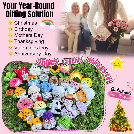 25PCS Positive Crochet Animals Bulk, Mother's Day Basket Stuffers, Employee Appreciation Gifts Bulk, Inspirational Crochet Animals Birthday Gifts for Women Men, Team Staff Teacher Appreciation Gift