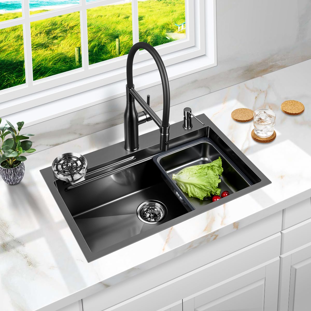 FRANIC 29" Handmade Black Bar Workstation Sink, 29" x 18" x 8" Stainless Steel Matte Nano Black Topmount Single Bowl Small Kitchen Outdoor Sink