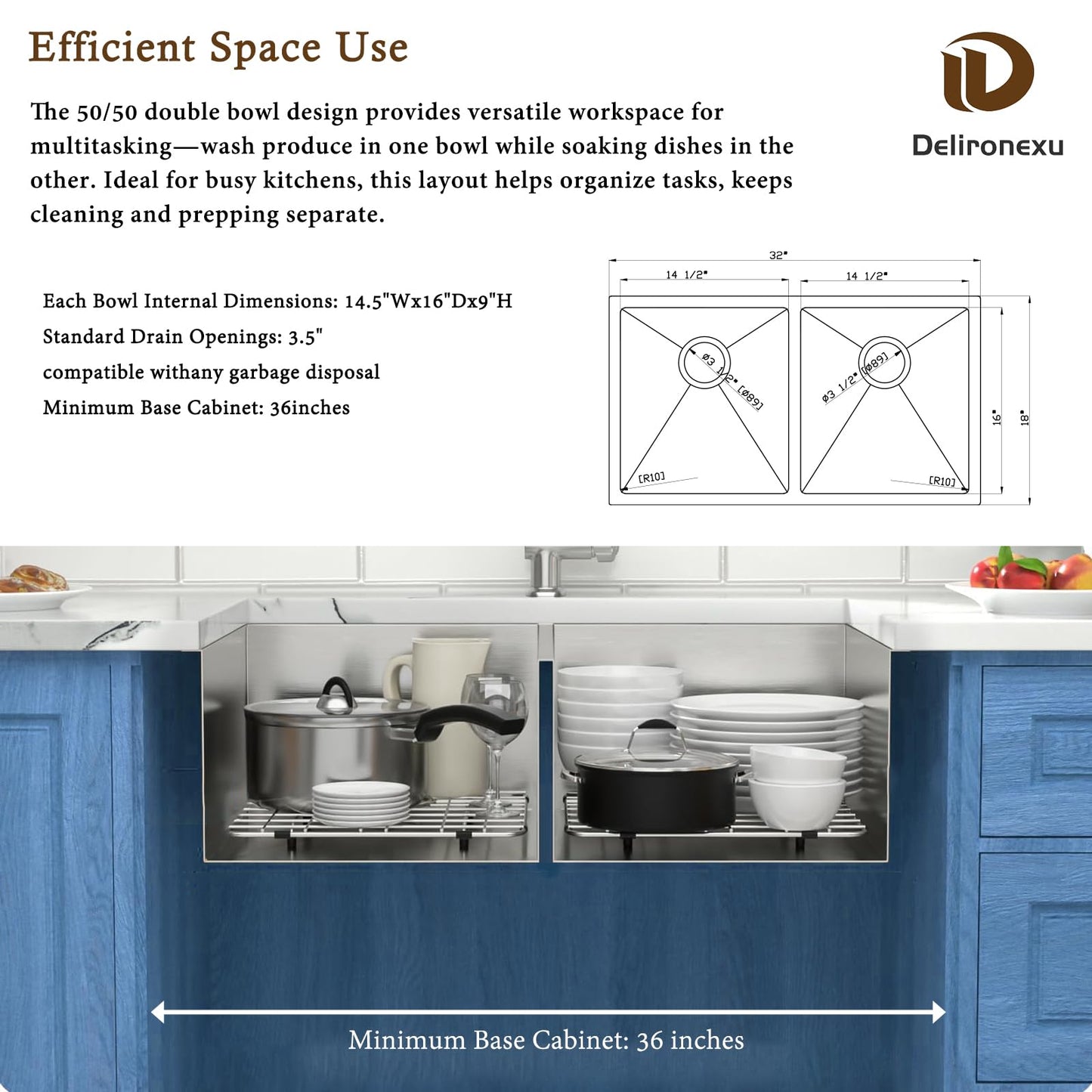 32 Inch Double Bowl Kitchen Sinks Undermount – Delironexu 16 Gauge Stainless Steel Kitchen Sink Double Bowl, 32x18 Undermount Kitchen Sink with Brushed Finish, 50/50 Double Sink