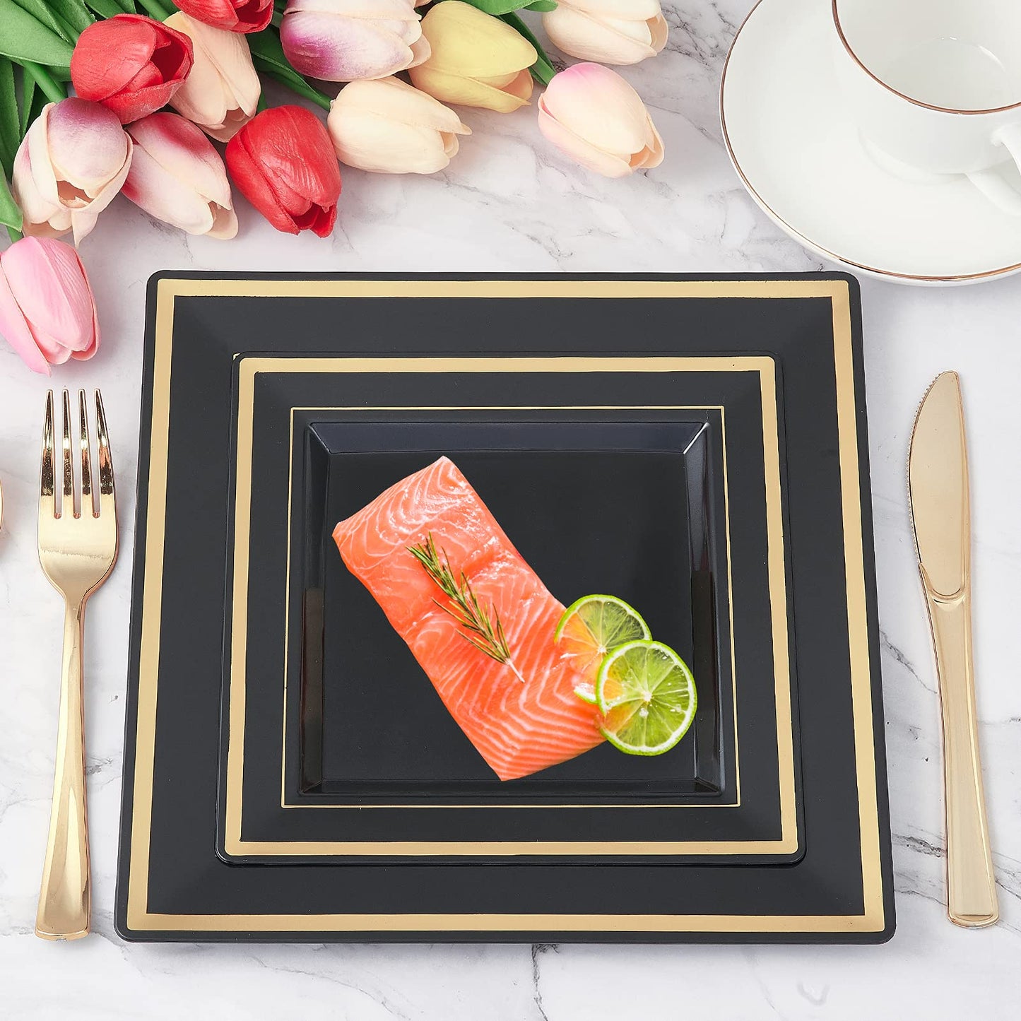 JOLLY CHEF 125 Count Square Black Gold Plastic Plates, Including 25 Disposable Dinner, 25 Dessert, 25 Knives, 25 Forks and 25 Spoons, Plastic Dinner Plates for Weddings and Parties