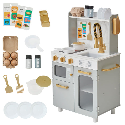 Teamson Kids Little Chef Memphis Wooden Play Kitchen for Toddlers with 16 Accessories, Realistic Pretend Cooking Set with Microwave Oven Sink Faucet Storage for Kids Ages 3+ Gray Gold Marble