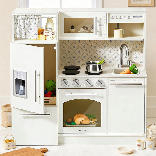 Tiny Land Play Kitchen for Kids, Upgraded Wooden Kitchen Toy with Complete Play Areas, Pretend Cooking Set with Sink, Stove, Microwave, Toy Coffee Station & Storage for Kids Ages 3+