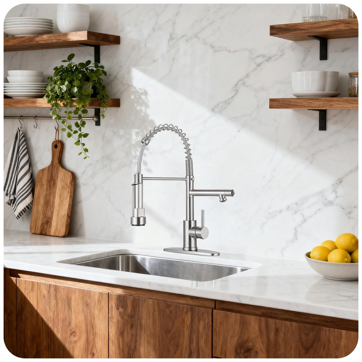 RNDIOZD Kitchen Faucet with Pull Down Sprayer - Brushed Nickel Single Handle Commercial Kitchen Faucets, 2-Spout Kitchen Sink Faucet, Stainless Steel Spring Pull Out Sink Faucet 1/3 Hole