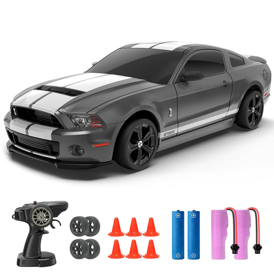 YONCHER RC Drift Car, Remote Control Car for Kids Ford Mustang Shelby GT500 Officially Licensed, 1:24 20KM/H 4WD with Lights, Fast Racing Toy Car for Boys Girls, Gray
