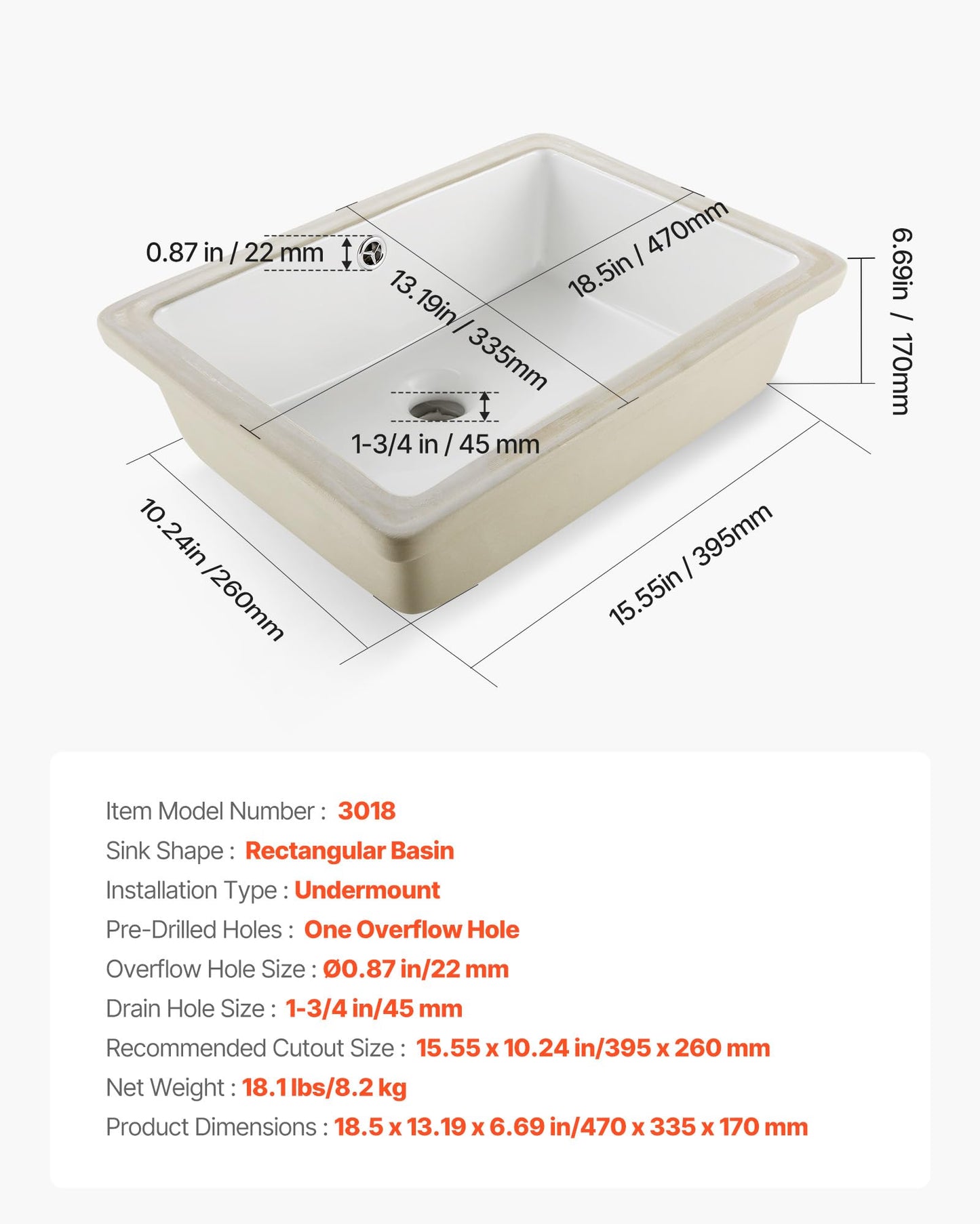 VEVOR Undermount Bathroom Sink, 18.5 x 13.19 Inch Rectangular White Ceramic Vessel Sink with Overflow Hole, Under Counter Drop in Modern Lavatory Vanity Bath Wash Bowl Basin, Rectangle Small Space