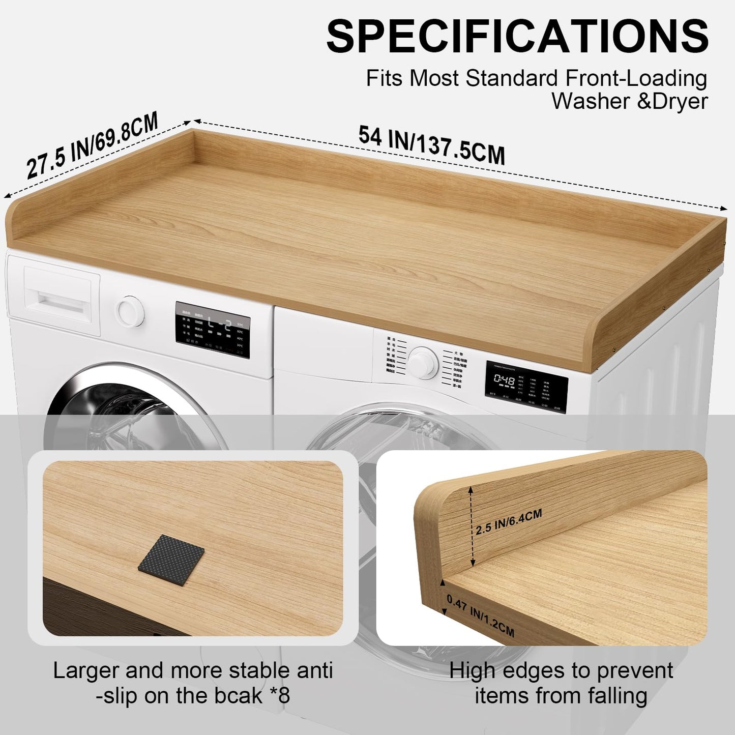 FZGhome Washer Dryer Countertop, 27.5 x 54 Inch Washer and Dryer Countertop for Laundry Room Organization with Edge Wooden, Oak