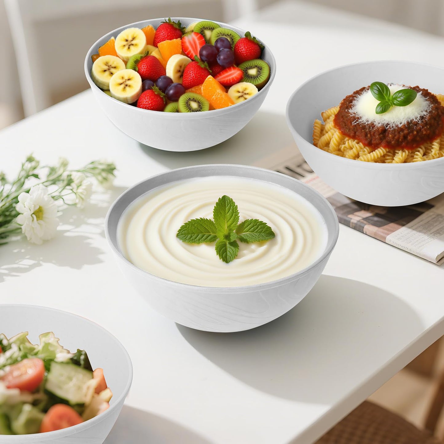 Perlapoc Wheat Straw Cereal Bowls 40 OZ, Unbreakable Bowls Set of 6, Microwave & Dishwasher Safe Bowl for Kitchen, Reusable Plastic Bowl for Cereal, Soup, Salad and Ramen, White