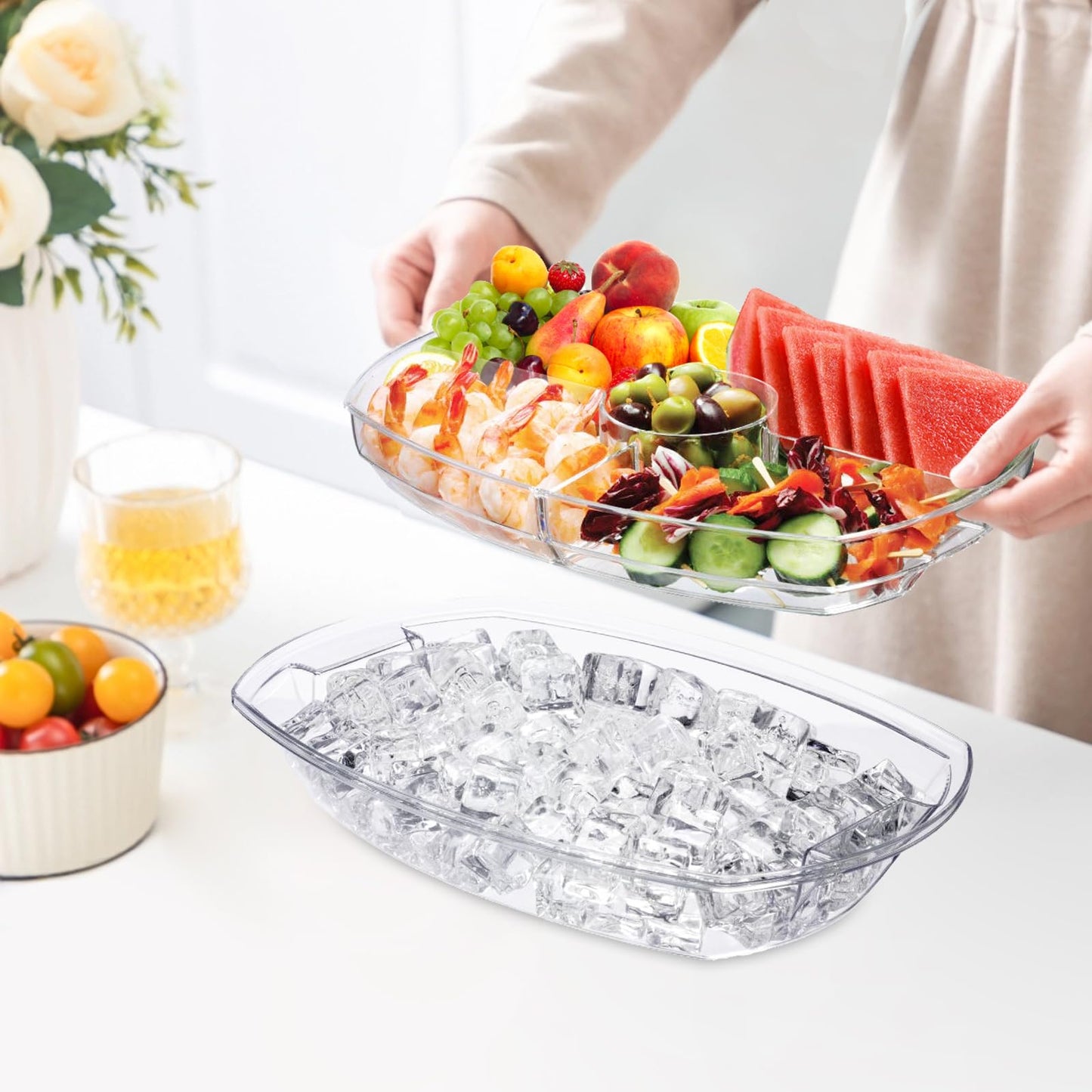 Chilled Serving Platters,Chilled Veggie Tray with Lid,Ice Serving Platters and Trays Cold Travel,Fruit Ice Serving Tray,Appetizer Fruit Snack Tray Keeps Food Cool