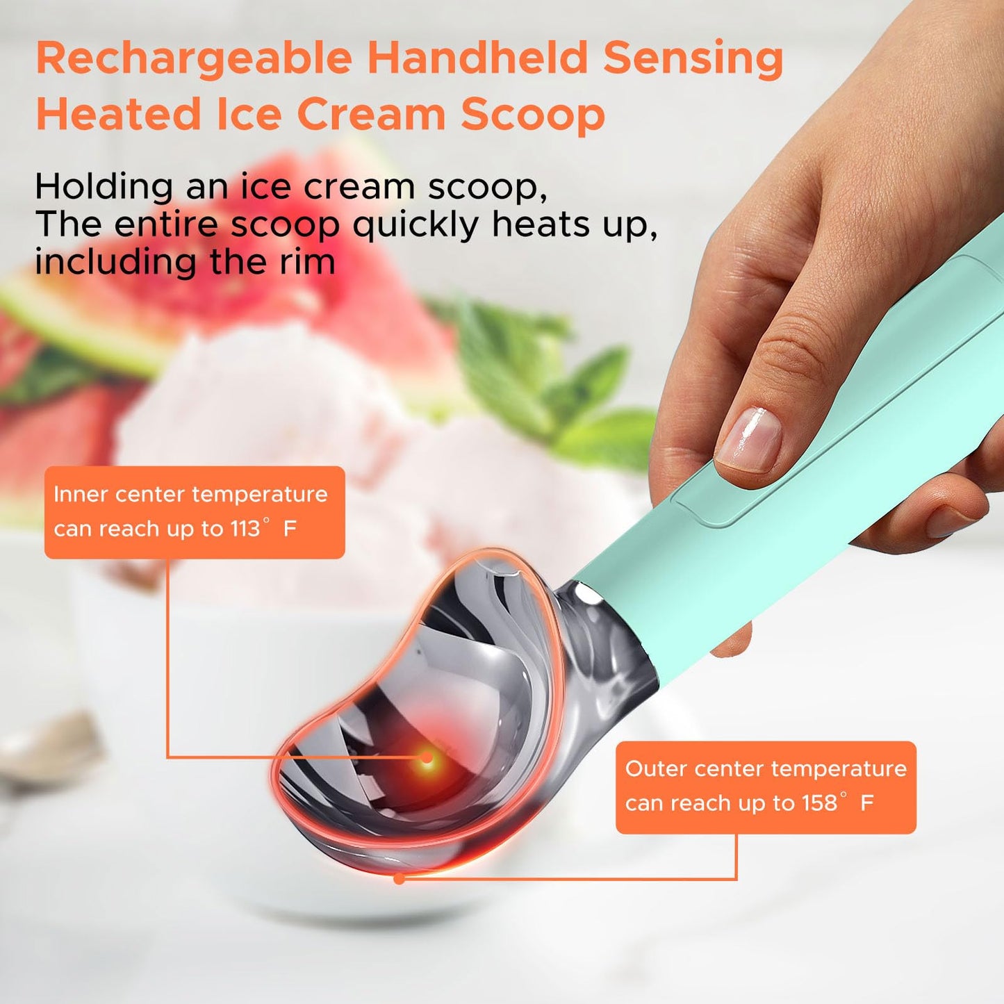 LT LAUDTEC Heated Ice Cream Scoop, Rechargeable Electric Warming Scooper, LED Display, Heats to 158F, IP67 Waterproof, Easy for Seniors & Kids (Blue)