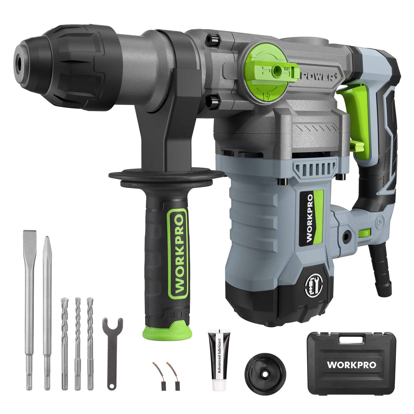 WORKPRO 1-1/4 Inch SDS-Plus Rotary Hammer Drill, 12.5AMP, Heavy Duty Corded Version for Concrete Demolition Chipping Rotomartillo, 5 SDS-Plus Bits