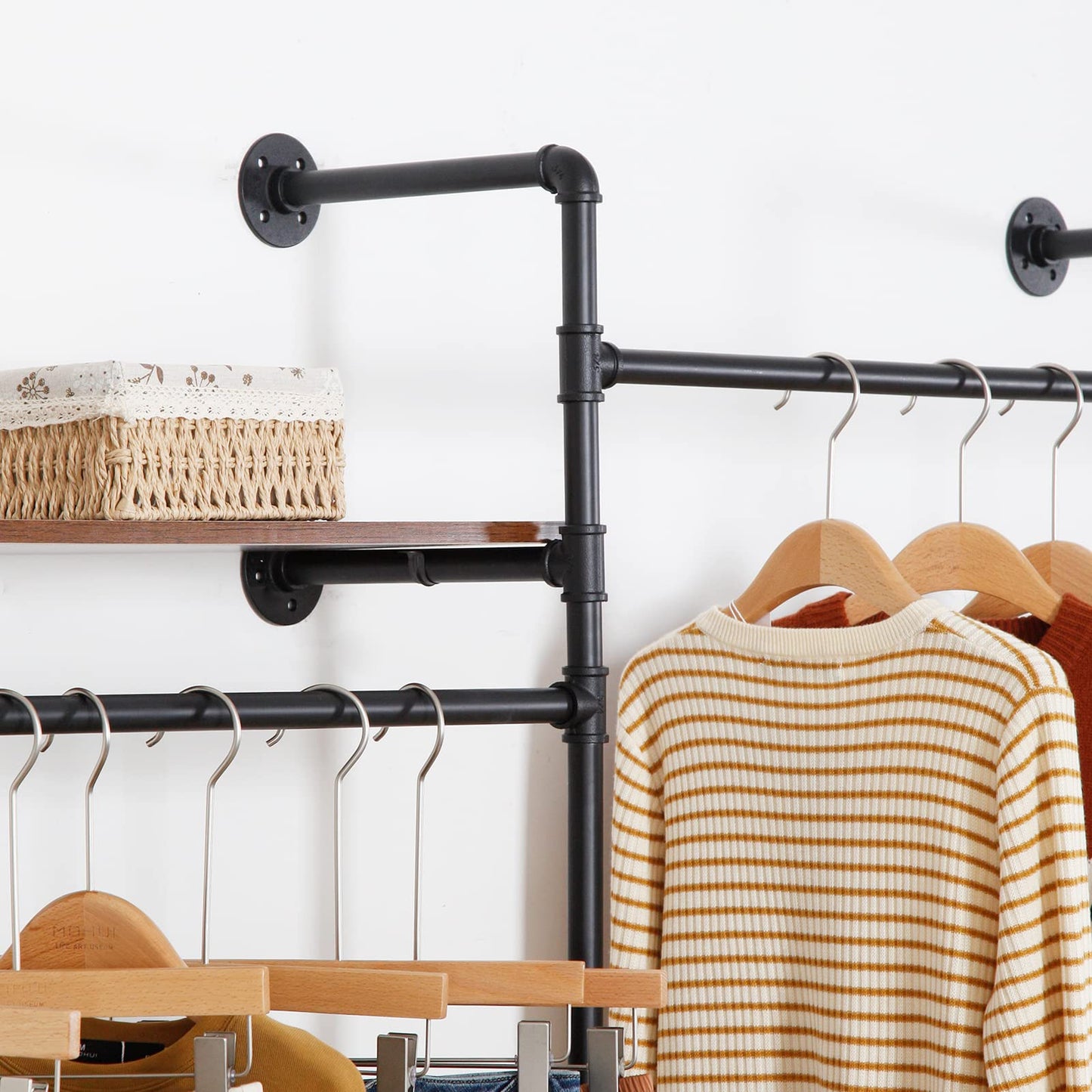 EDCB Industrial Pipe Clothing Rack - Wall Mounted 3-Tier Heavy Duty Metal Garment Rack with Shelves, Black Closet Organizer for Retail Stores & Bedroom (92.1X76.8inch)