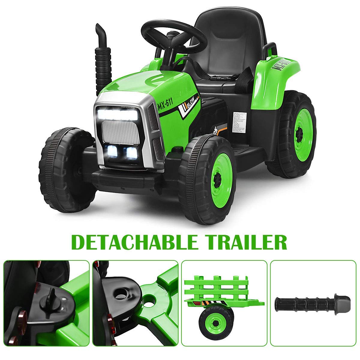 Costzon Ride on Tractor with Detachable Trailer, Kids' Electric Vehicles w/3-Gear-Shift Ground Loader, Wireless Design & USB, 7 LED Headlights, Remote Control Tractor Toy for Kids 3+ (12V, Green)