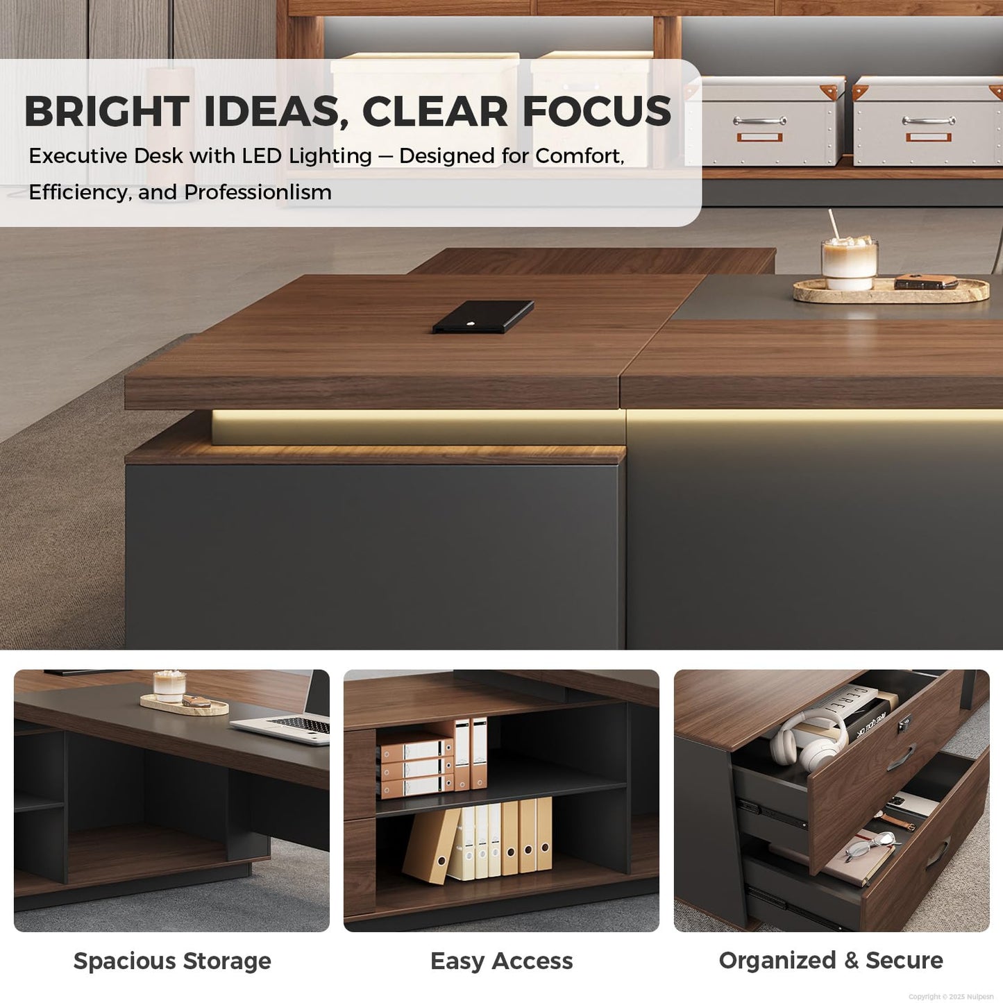Nuipesn 87-Inch Reversible L-Shaped Executive Desk with Power Outlet & LED Lighting, Large Modern Office Desk with Drawers & Storage Shelves for Home & Office, Red Walnut & Iron Gray