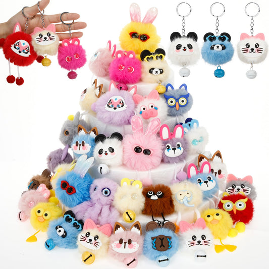 Equsion 48 Pcs Kawaii Keychains Bulk Cute Plush Keychains Fluffy Pompoms Balls with Tassels and Keyrings Key Chain Kawaii Party Favors for Birthday Goodie Bags Piñata Prizes(Funny)