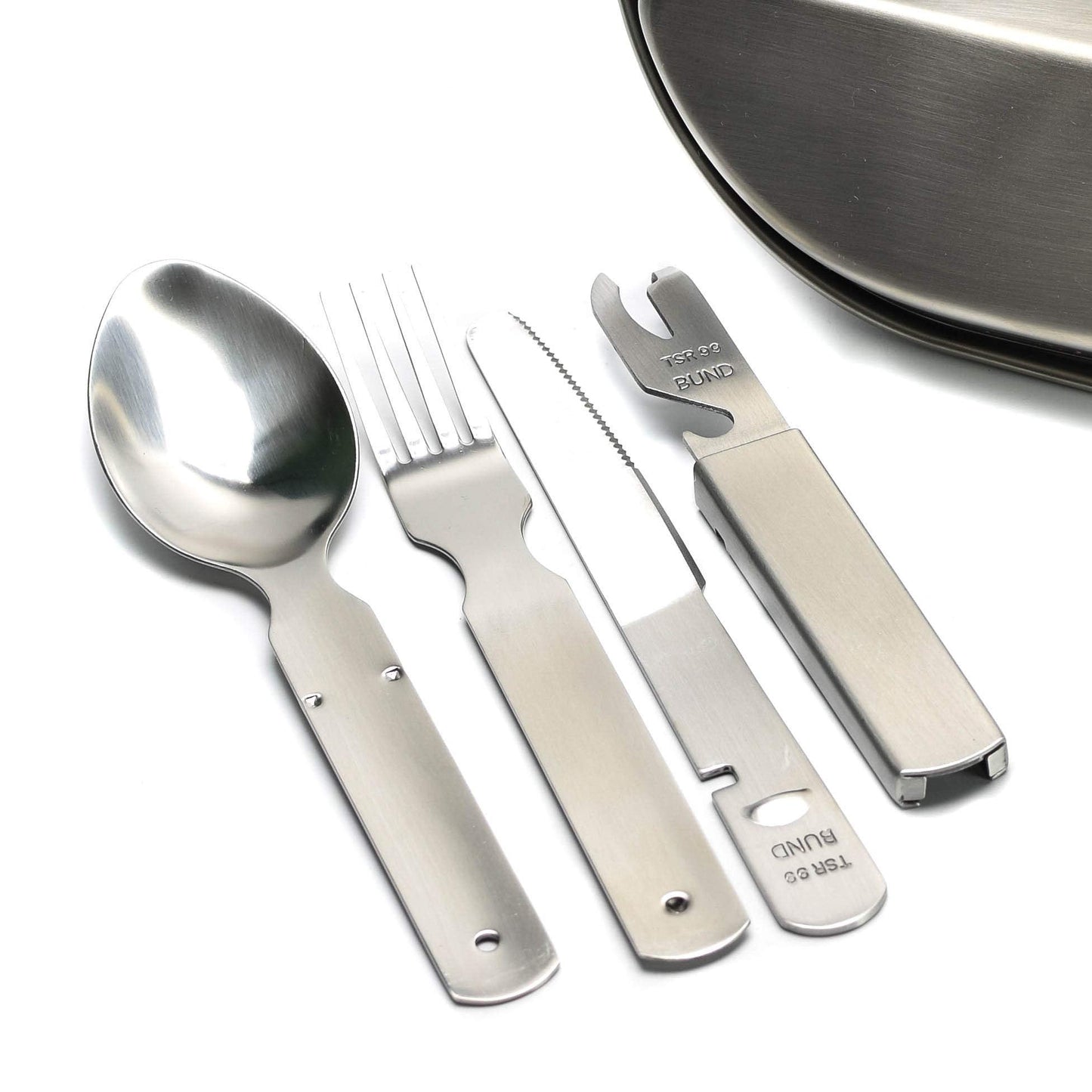 German cutlery set 4 pieces Eating utensils military style spoon fork knife kit flatware multi-tool Camping bottle can opener stainless steel NEW