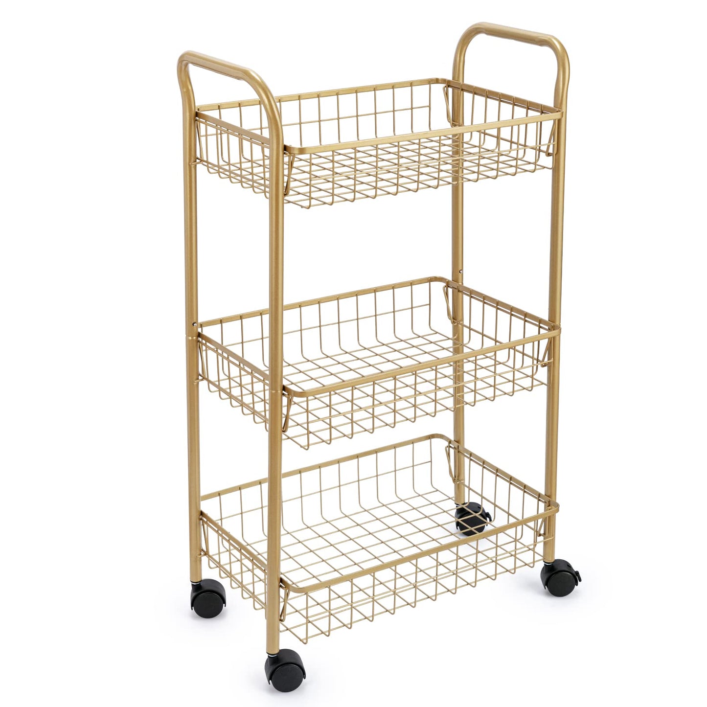 MNOPQ 3 Tier Mesh Rolling Utility Cart, Gold Metal Organization Cart with Lockable Wheels, Multifunctional Storage Trolley Service Cart for Kitchen Living Room Office Salon