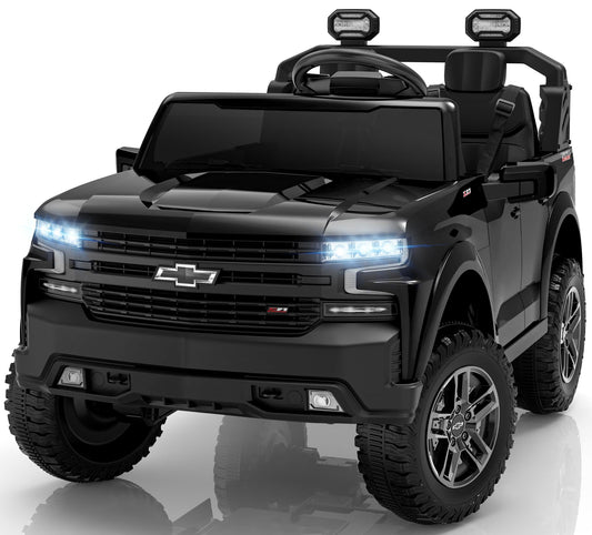 ENYOPRO 24V Ride on Toys, Licensed Chevrolet Silverado LT Trail Boss 2 Seater Ride on Car for Kids, Toddler Electric Car w/Remote Control, Safety Belt, Truck Bed Storage, LED Lights, Bluetooth, Black