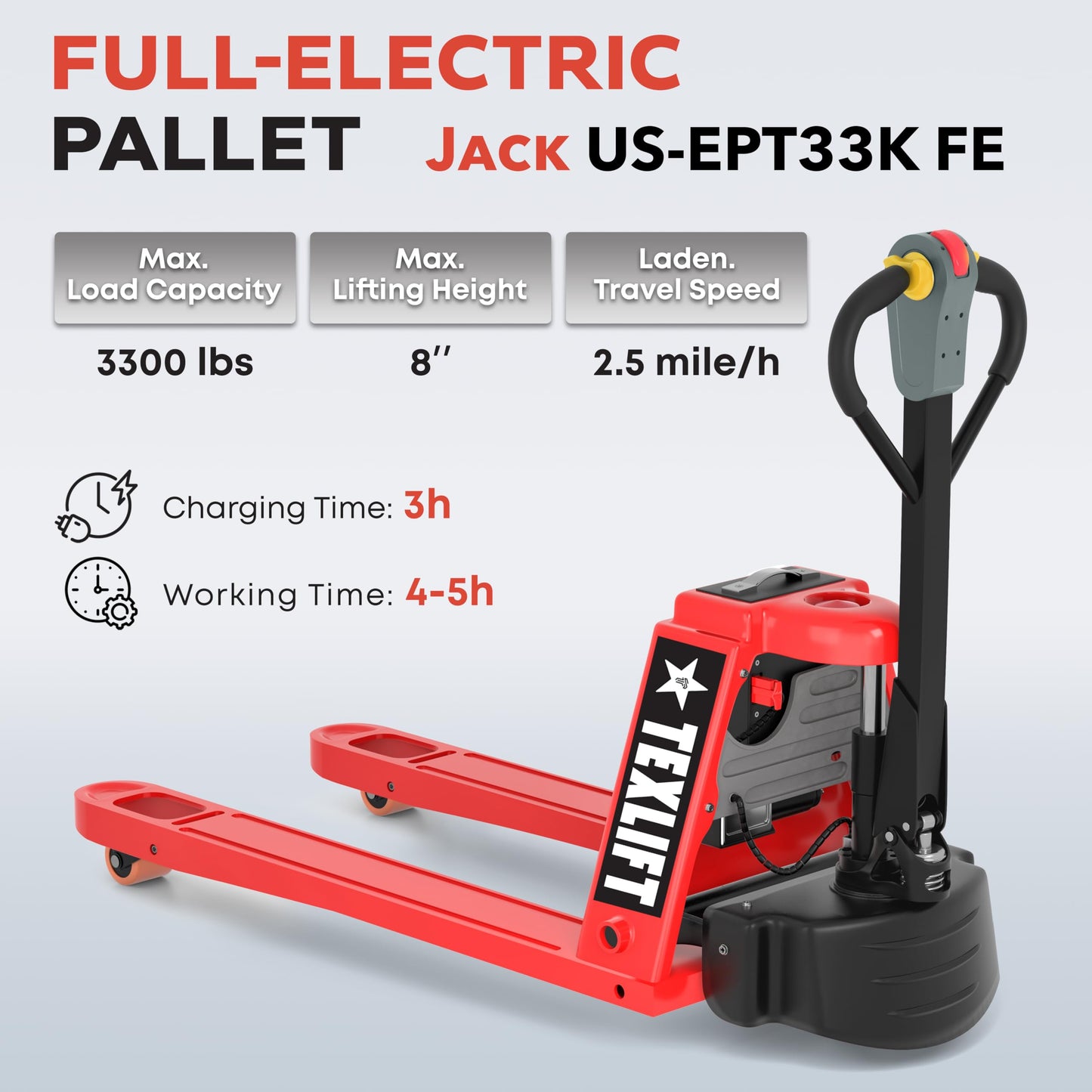 TEXLIFT Full Electric Power Pallet Jack – Standard Duty Pallet Truck 3300 Lb Capacity, 48” L x 27” W Fork Size, Plug-in 48V/15A Lithium Battery – Max Lift Height 7.8 Inch - (US-EPT33K-FE)