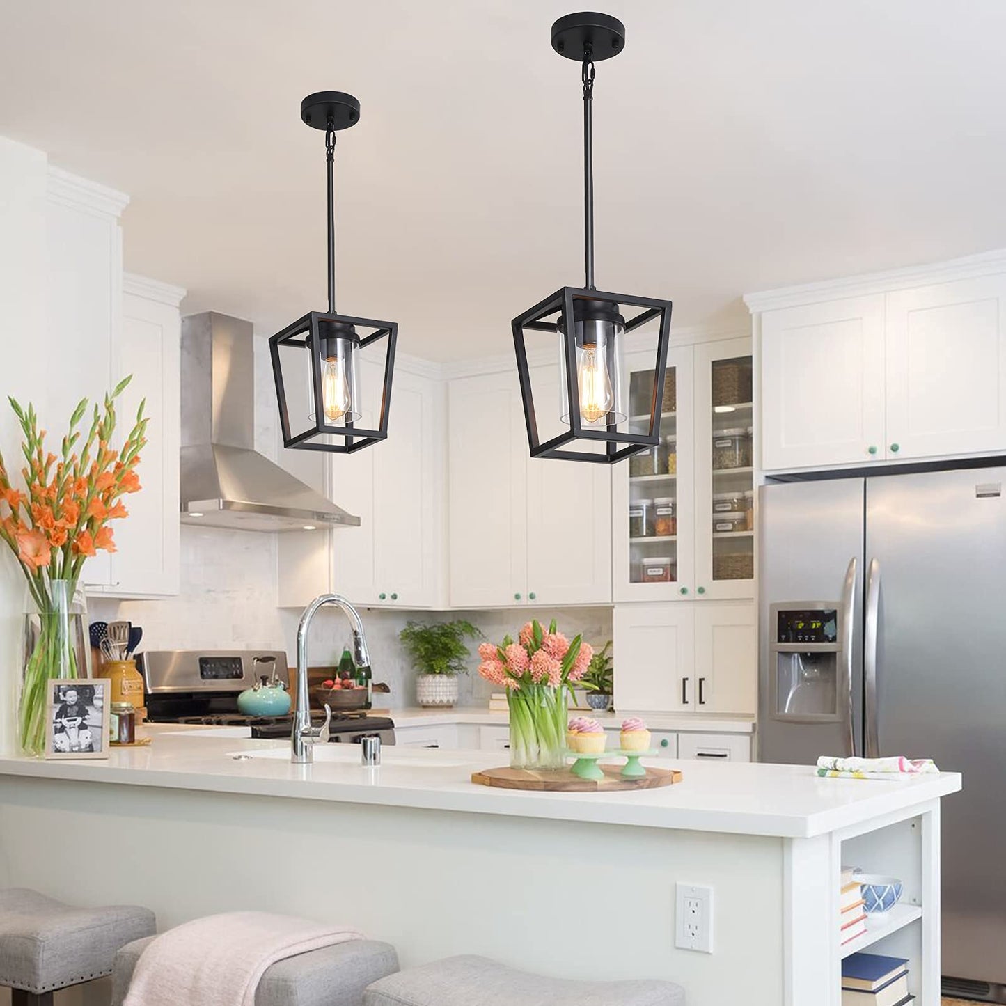 SGLfarmty 1-Light Black Pendant Lights Kitchen Island, Modern Farmhouse Cage Metal Adjustable Lantern Hanging Light Fixture with Glass Shade for Over Sink Dining Room Entryway Hallway