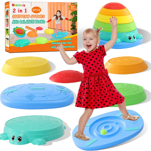HAPATOYS Balance Board & Stepping Stones for Kids - 2-in-1 No-Slip Turtle Stepping Stones and Balance Board for Toddler Balance & Obstacle Course, for 3 4 5 6 Year Old Kid Indoor & Outdoor Play