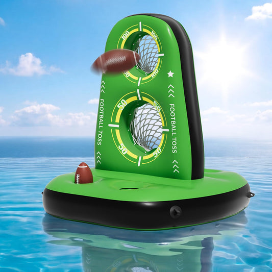 Qmioti Inflatable Football Toss Game for Pool, Floating Football Target with 4 Water Footballs & 2 Pumps, Stable Base, Outdoor Pool Games for Kids & Adults
