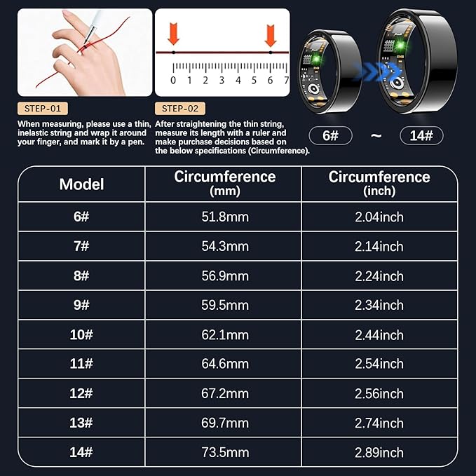 Ring Health Tracker for Women Men, Fit Ring with Heart Rate, Blood Oxygen, Sleep Monitor, Calories, Step Counter, IP68 Waterproof Smart Ring for iPhone & Android, No Subscription Fee (Black, 14#)