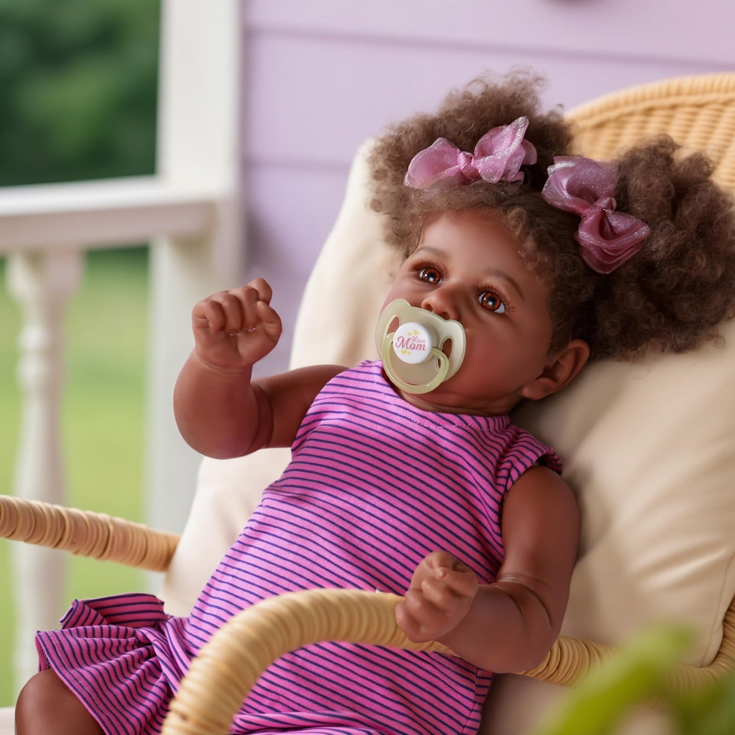JIZHI Reborn Baby Dolls Black - 22 Inch Lifelike Soft Body Realistic-Newborn Baby Dolls Taupe Eyes Caramel Skin Tone Pink Striped Skirt Real Life and Toy Accessories Gift for Kids Age 3