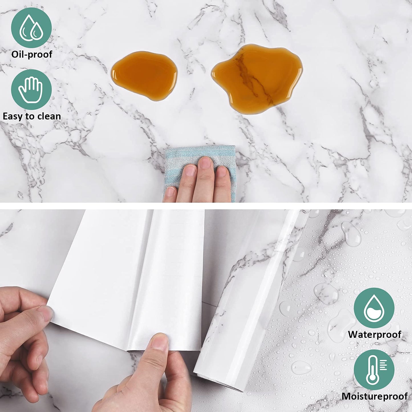 Caltero Marble Contact Paper 15.7" x 118" White Grey Wallpaper Peel and Stick Glossy Marble Self Adhesive Contact Paper for Countertop Kitchen Cabinets Bathroom