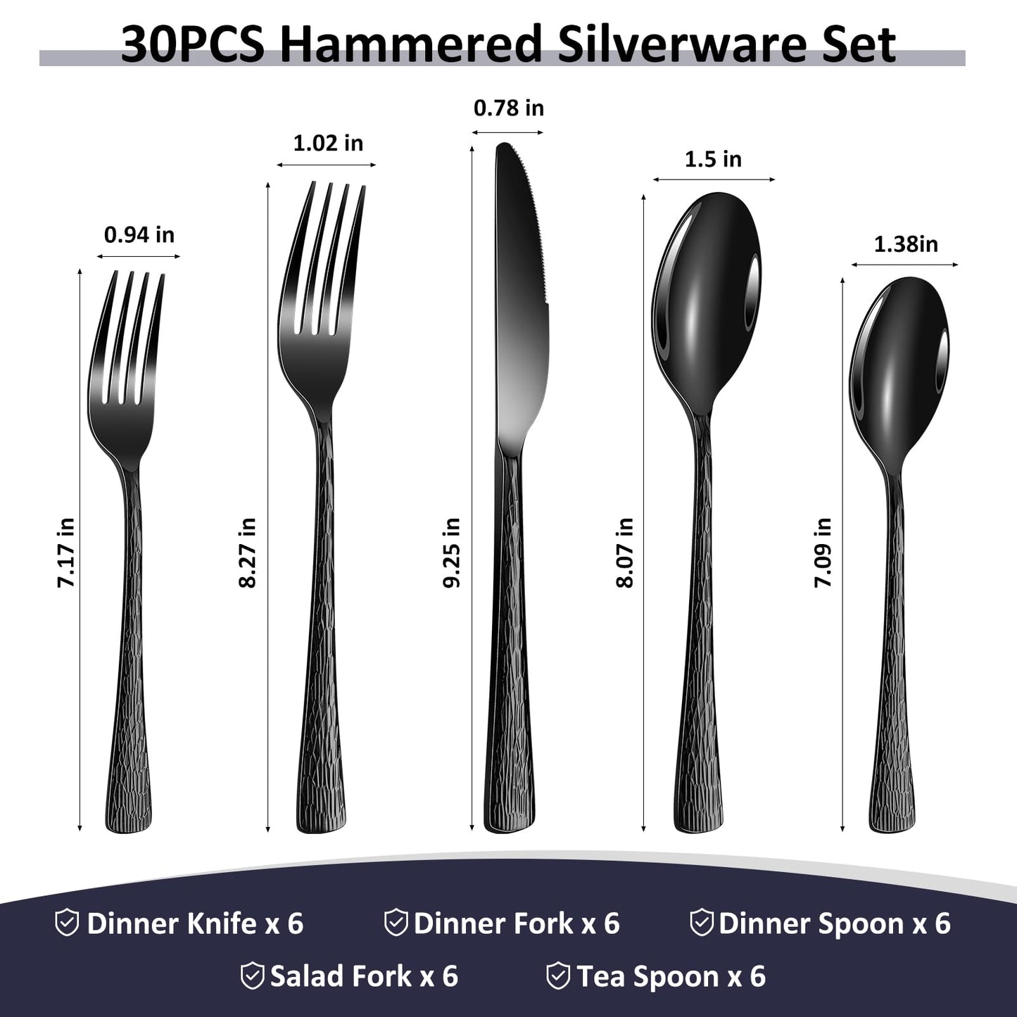 Izurok Black Hammered Silverware Set for 6, 30 Piece Heavy Duty Silverware, 18/10 Stainless Steel Flatware Cutlery Utensil Set for Wedding Festival Gift, Mirror Polished, Dishwasher Safe