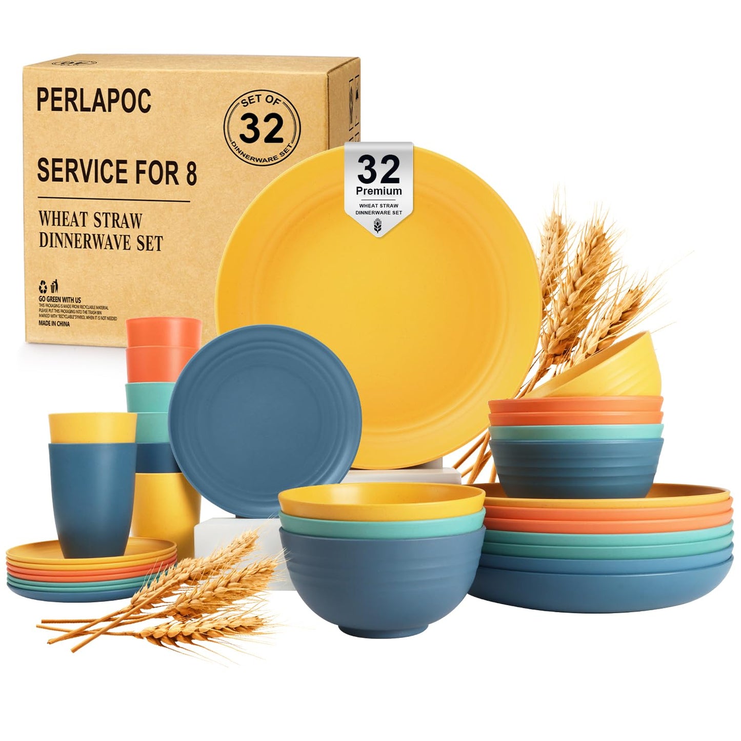 Perlapoc Wheat Straw Dinnerware Sets, Plates and Bowls Sets Unbreakable & Microwave Safe - 32 Piece Service for 8 Dinner Plate Dessert Plate Cereal Bowl Cup for Kitchen & Outdoor - Multi